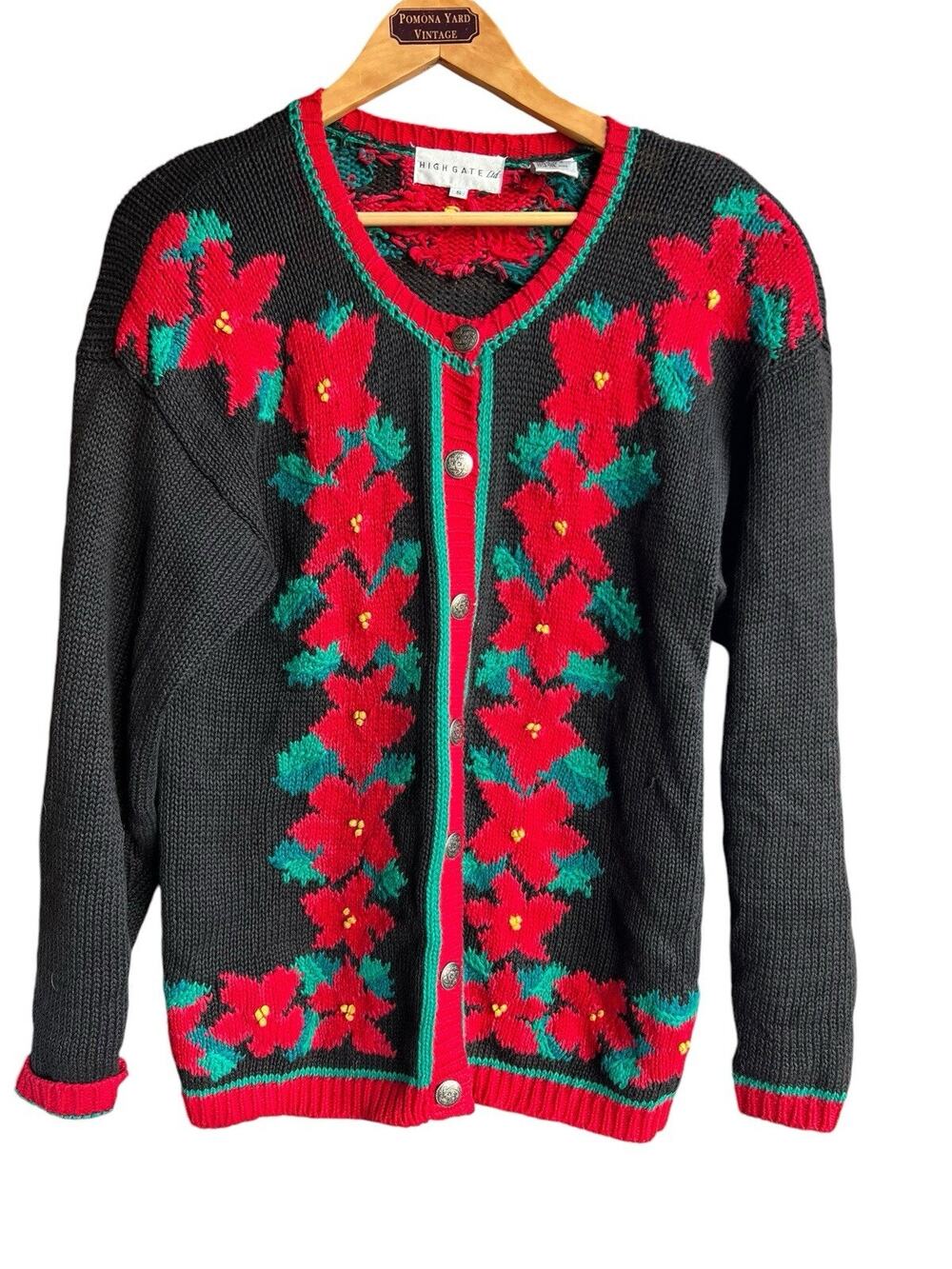 VTG 80s Red Black Christmas Chunky Knit Cardigan Sweater Womens Small Poinsettia